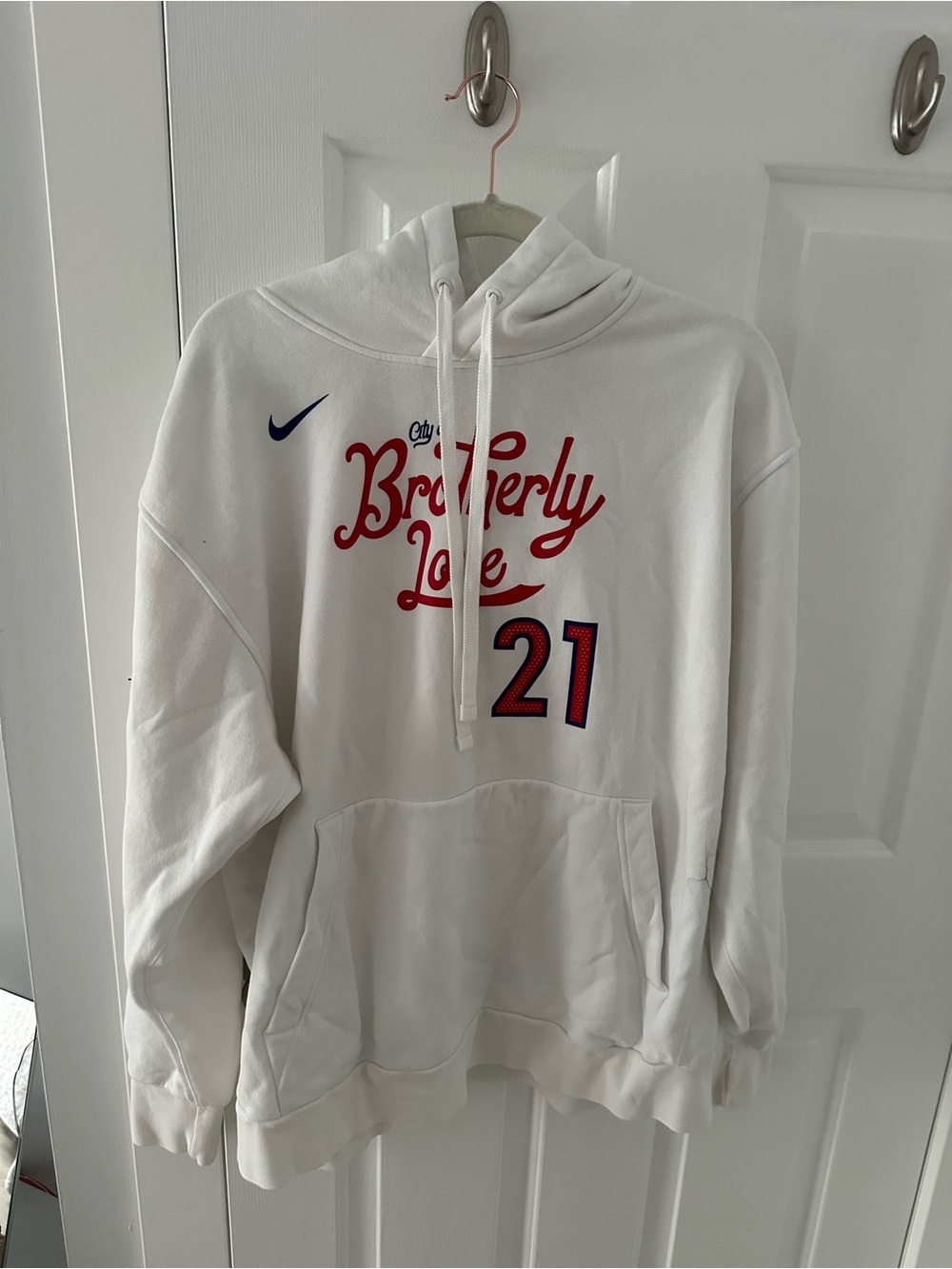 NBA White Hoodie with Red and Blue Script "Brotherly Love" and Number 21
